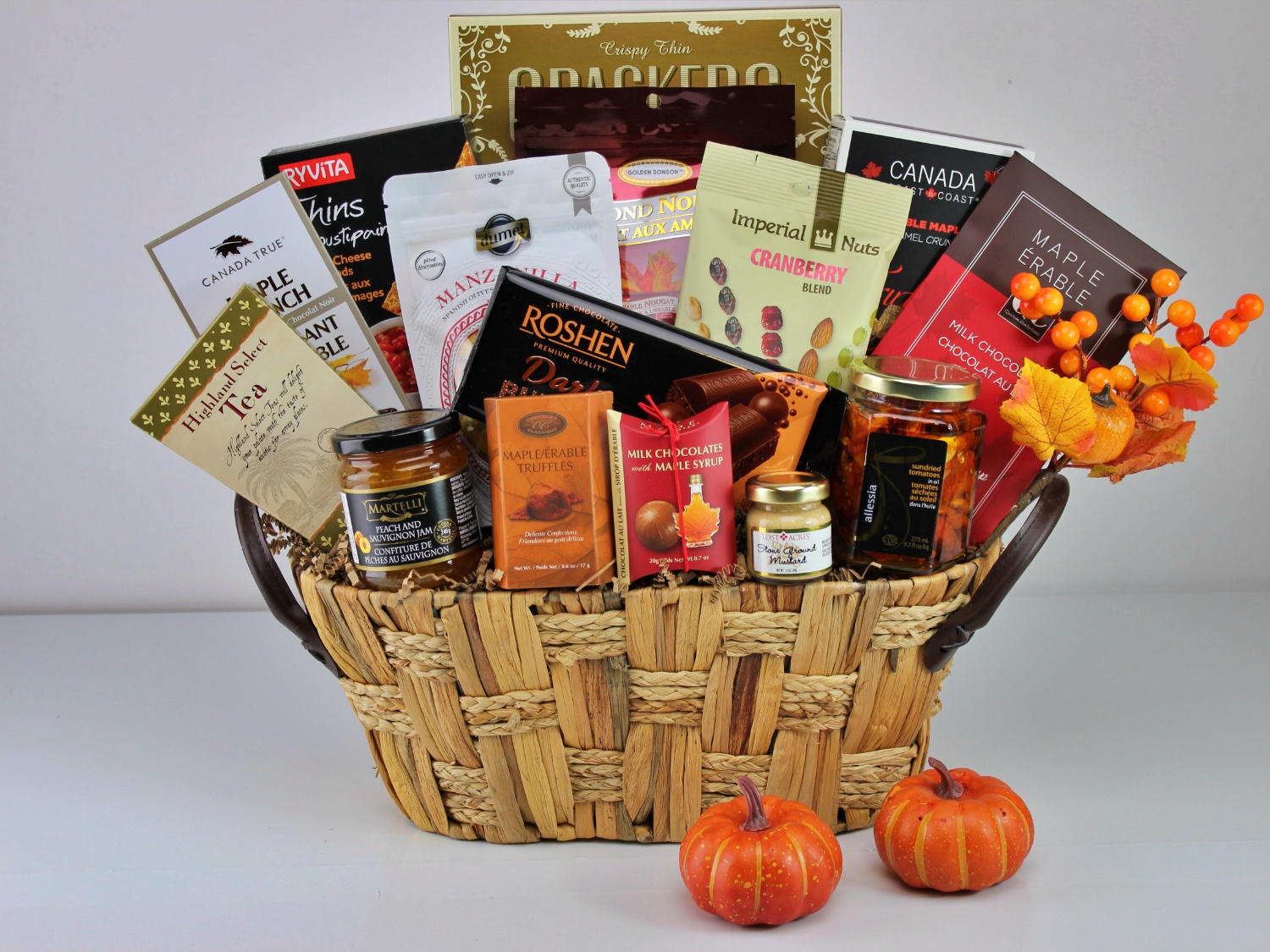 Fall-themed gift basket with assorted maple treats